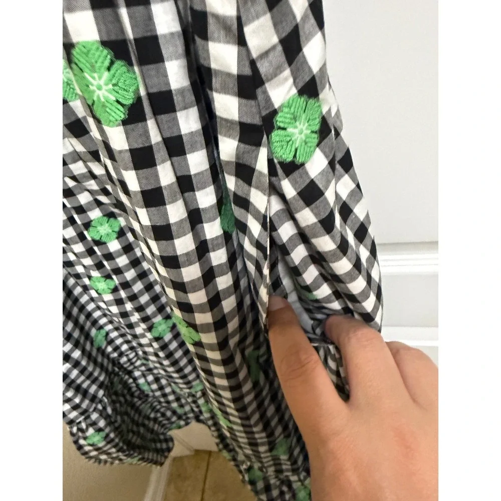 Kate Spade New York Gingham Voile Smocked Dress Black White Green Floral Plaid M
